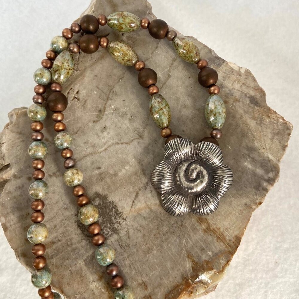 Sterling Silver 925 Floral Flower Bronze Green Glass Beaded Necklace 19.5"